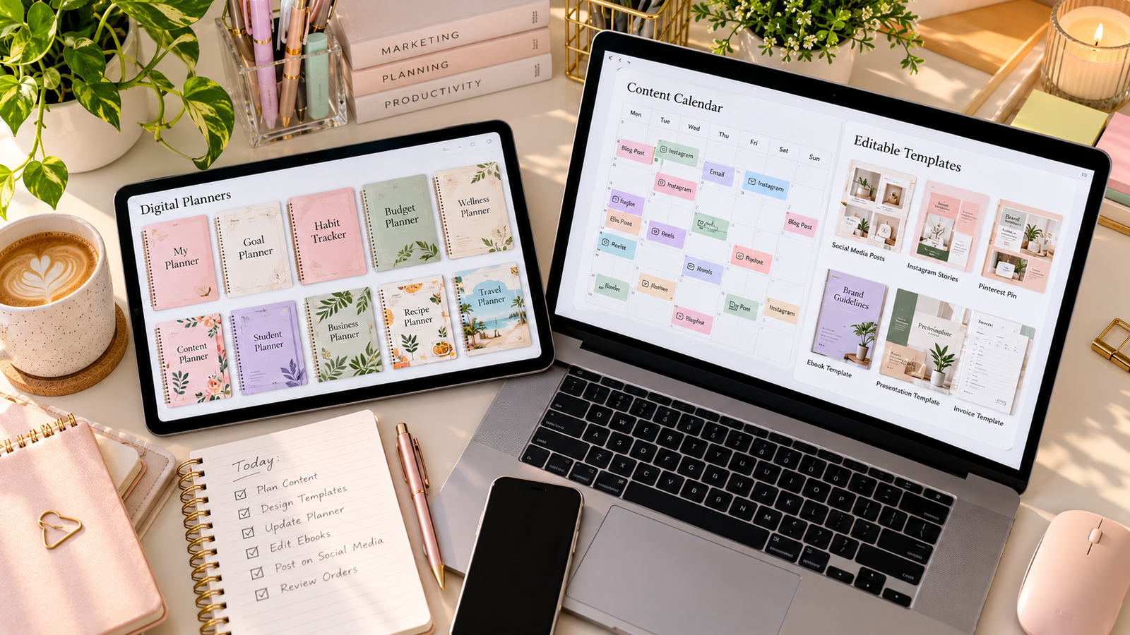Photorealistic overhead view of a laptop and tablet displaying colorful digital planners, social media content calendars, editable templates, and productivity tools in a creative workspace.