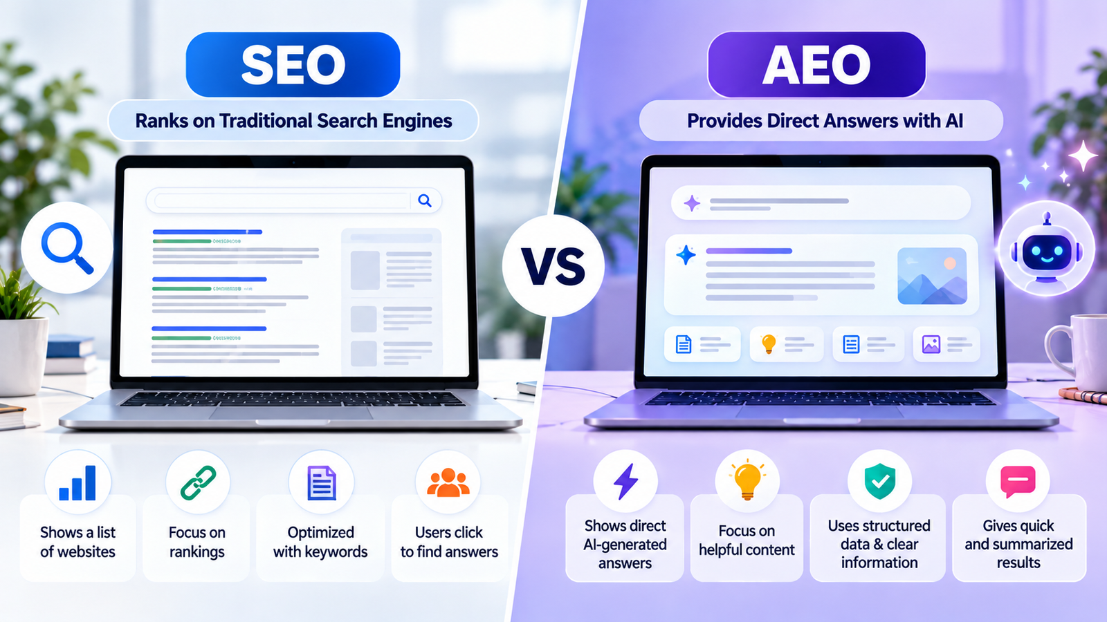 Comparison of traditional SEO and Answer Engine Optimization.