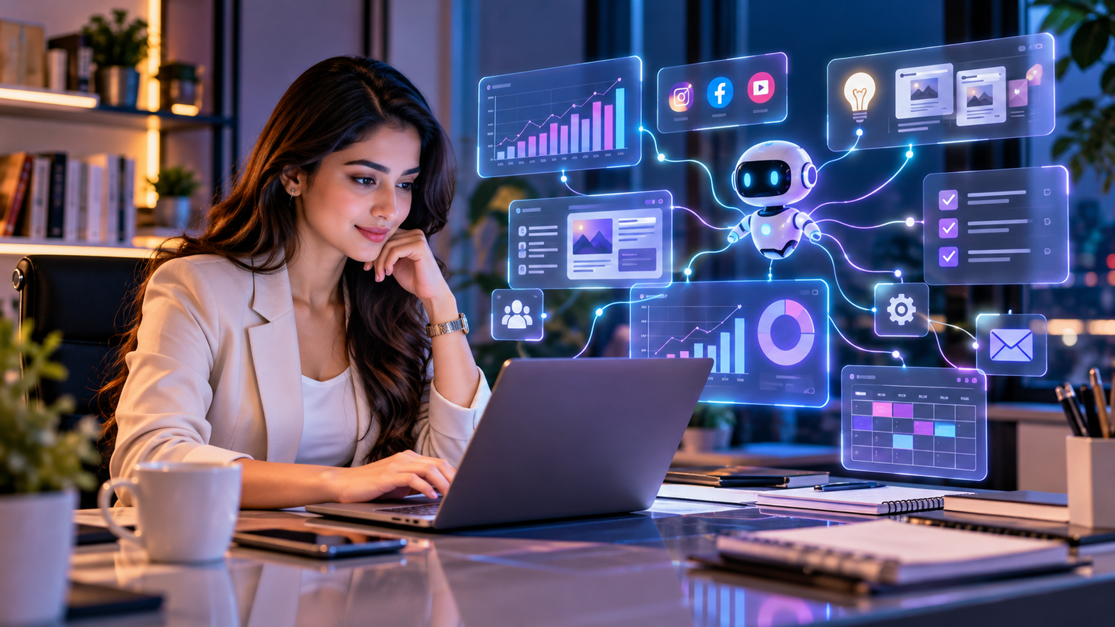 Create a clean 16:9 infographic showing an AI agent at the center connected to SEO, Email Marketing, Content Creation, Social Media, and Analytics. White and blue corporate design with clear labels.