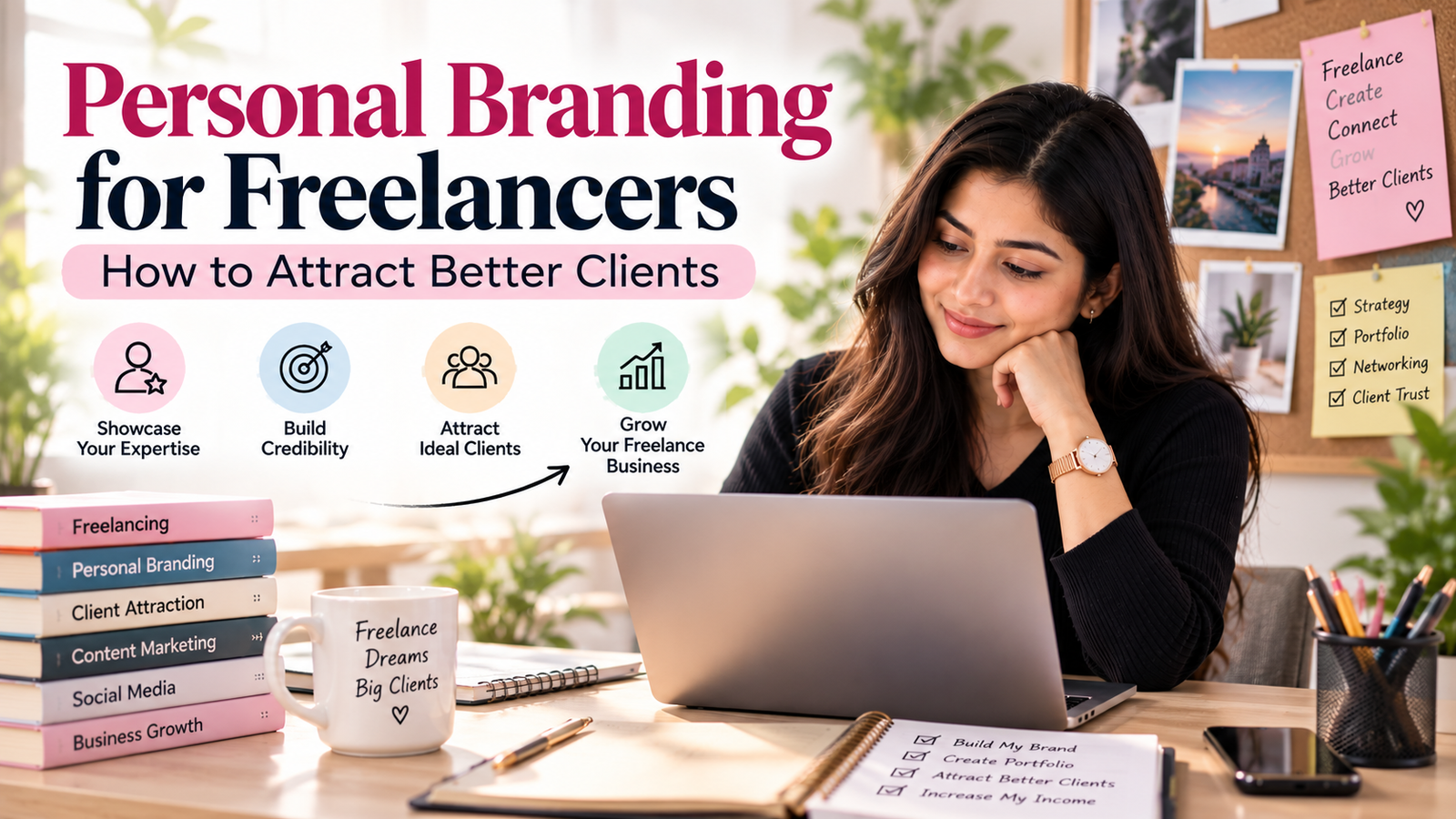 Female freelancer building a strong personal brand to attract better clients through professional expertise, portfolio development, networking, credibility, and digital marketing.
