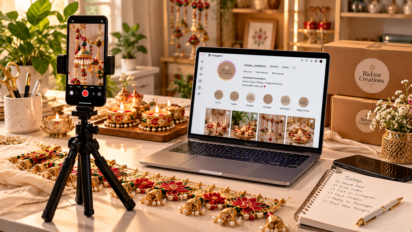 "Handmade home décor business workspace featuring festive decorations, smartphone on tripod, and laptop displaying an Instagram business profile for social media marketing."