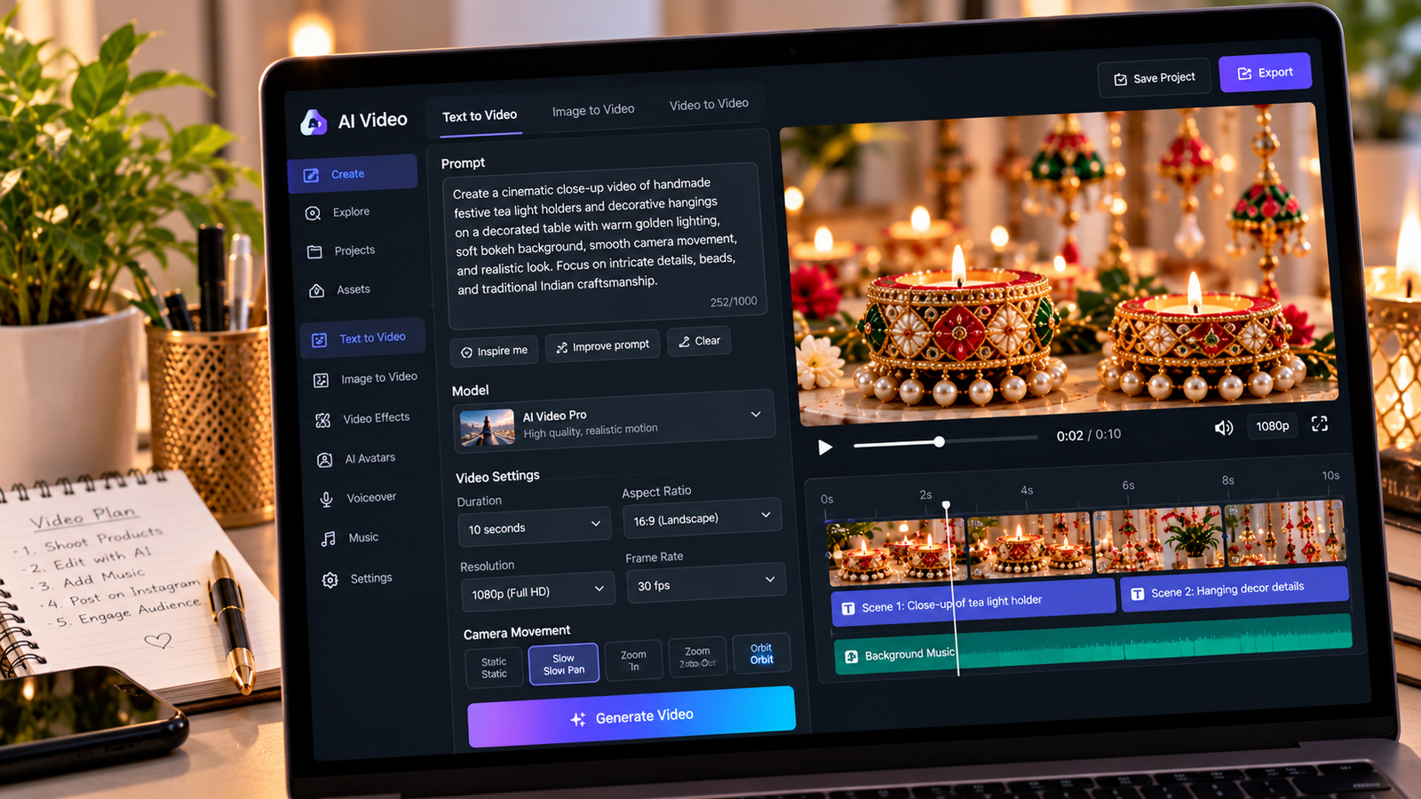 "Close-up of a laptop displaying an AI video prompt editor with detailed scene descriptions, camera movement controls, video resolution settings, and cinematic video preview."