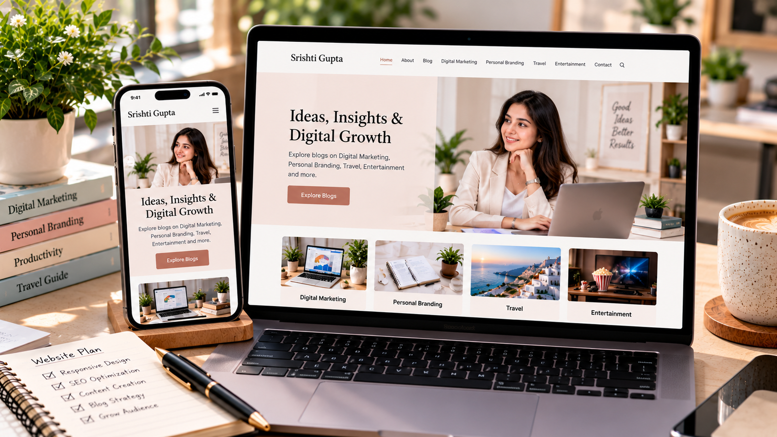 Laptop and smartphone displaying responsive desktop and mobile versions of the Srishti Gupta website, featuring a modern homepage, digital marketing blogs, personal branding, travel, and entertainment categories.