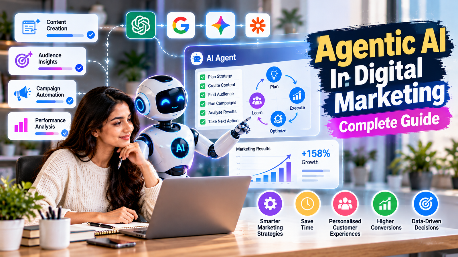 Agentic AI in digital marketing showing an AI agent helping a marketing professional automate campaigns, create content, analyze audience insights, optimize performance, and make data-driven marketing decisions.