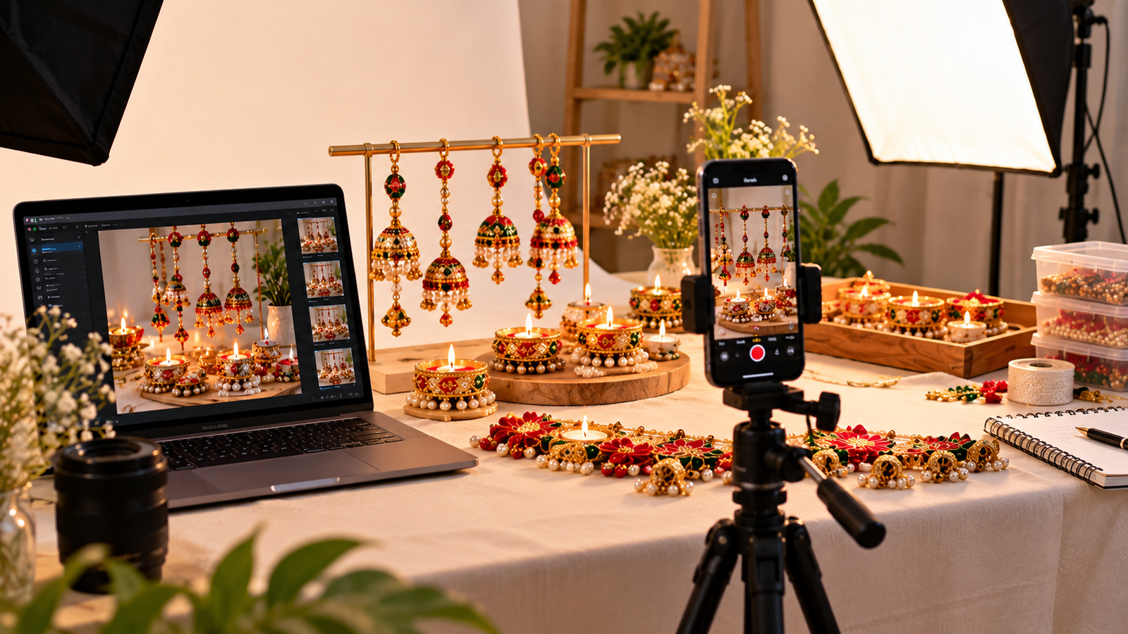 "Behind-the-scenes product photography setup featuring handcrafted festive decorations, decorative tea light holders, smartphone camera on tripod, and professional softbox lighting."