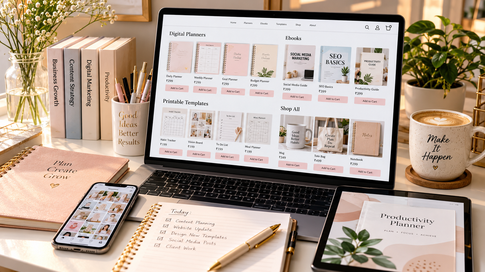 Ultra-realistic entrepreneur workspace featuring a laptop displaying an online store with digital planners, ebooks, printable templates, and downloadable products on a modern desk.