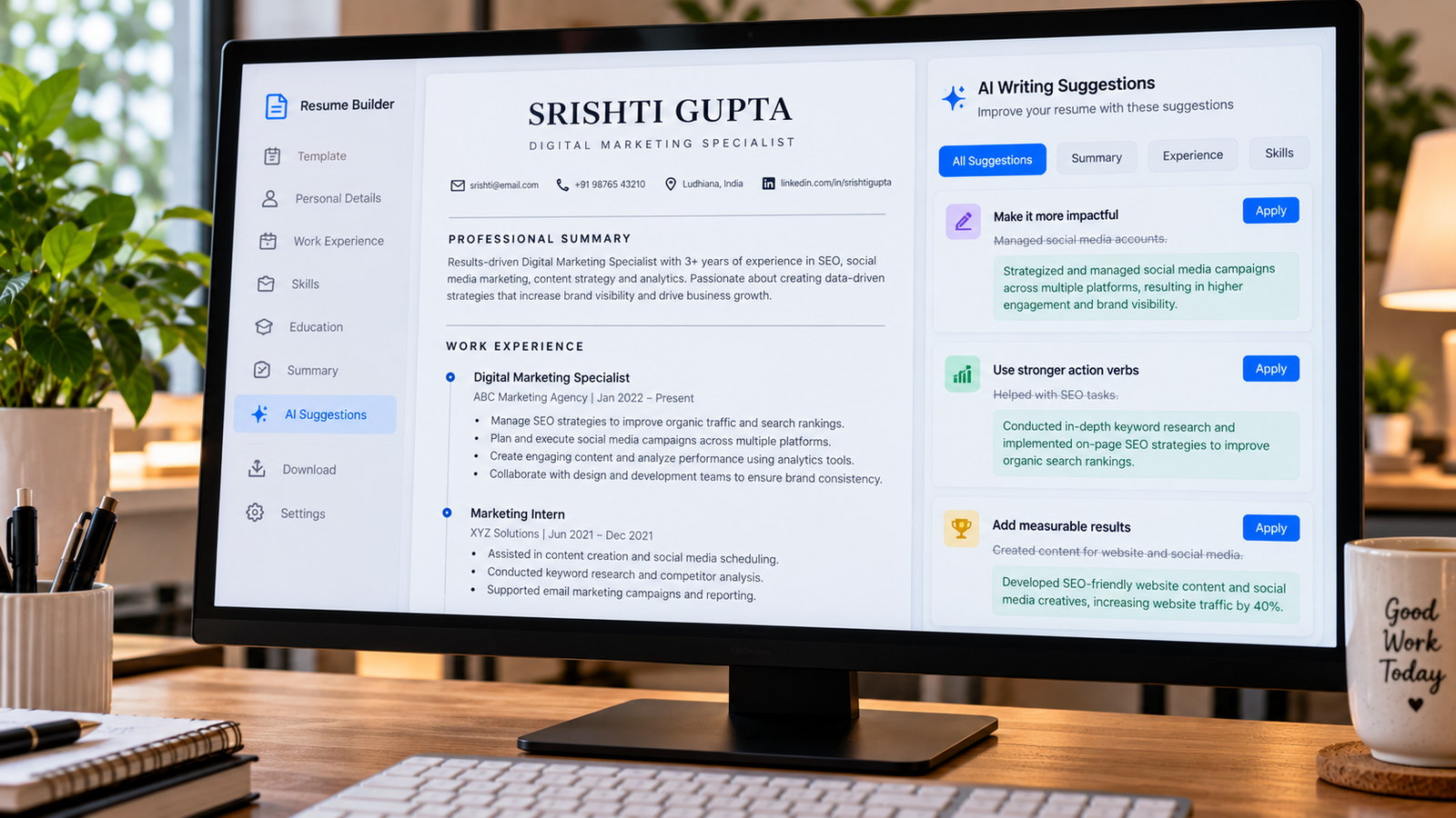 Close-up of a desktop monitor showing a professional resume with AI writing suggestions to improve work experience, action verbs, keywords, and measurable achievements