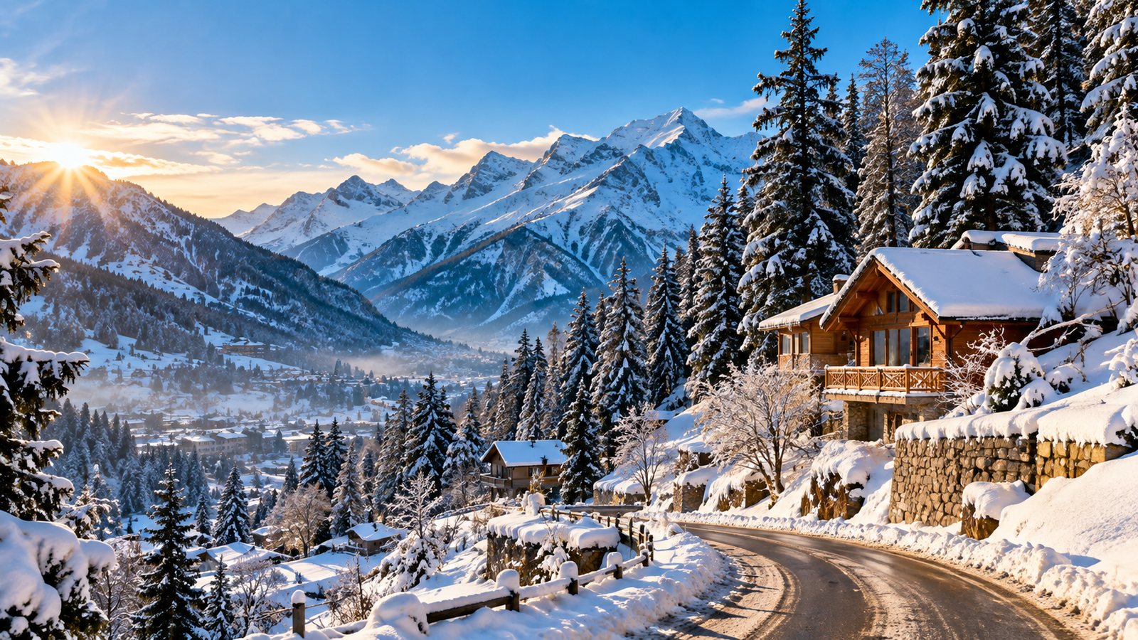 Snow-covered mountains and pine forests in Manali, Himachal Pradesh, during winter.