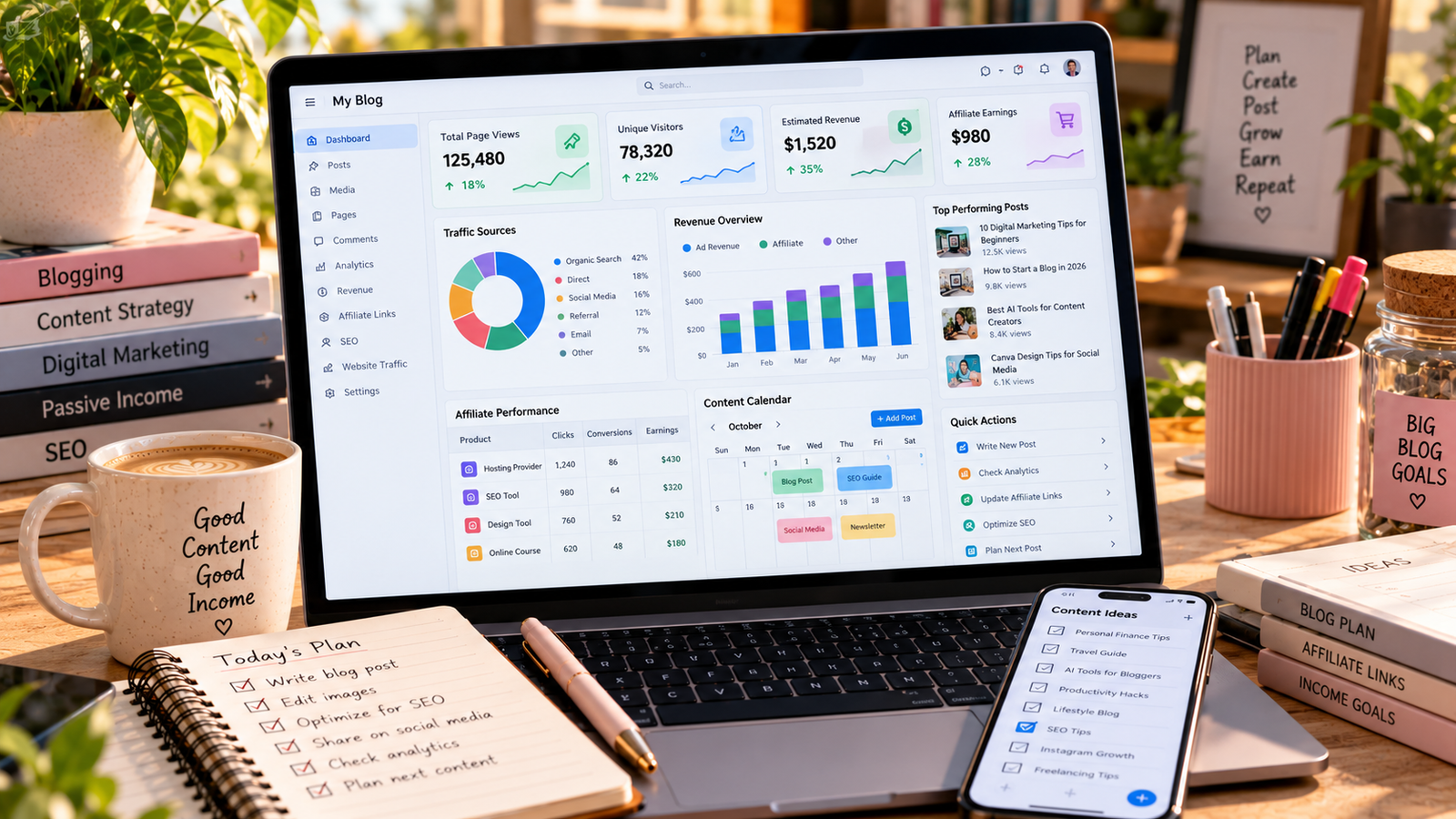 Laptop displaying a blogging revenue analytics dashboard with website traffic sources, affiliate marketing earnings, page views, revenue growth charts, top-performing blog posts, and a content calendar in a digital marketing workspace.