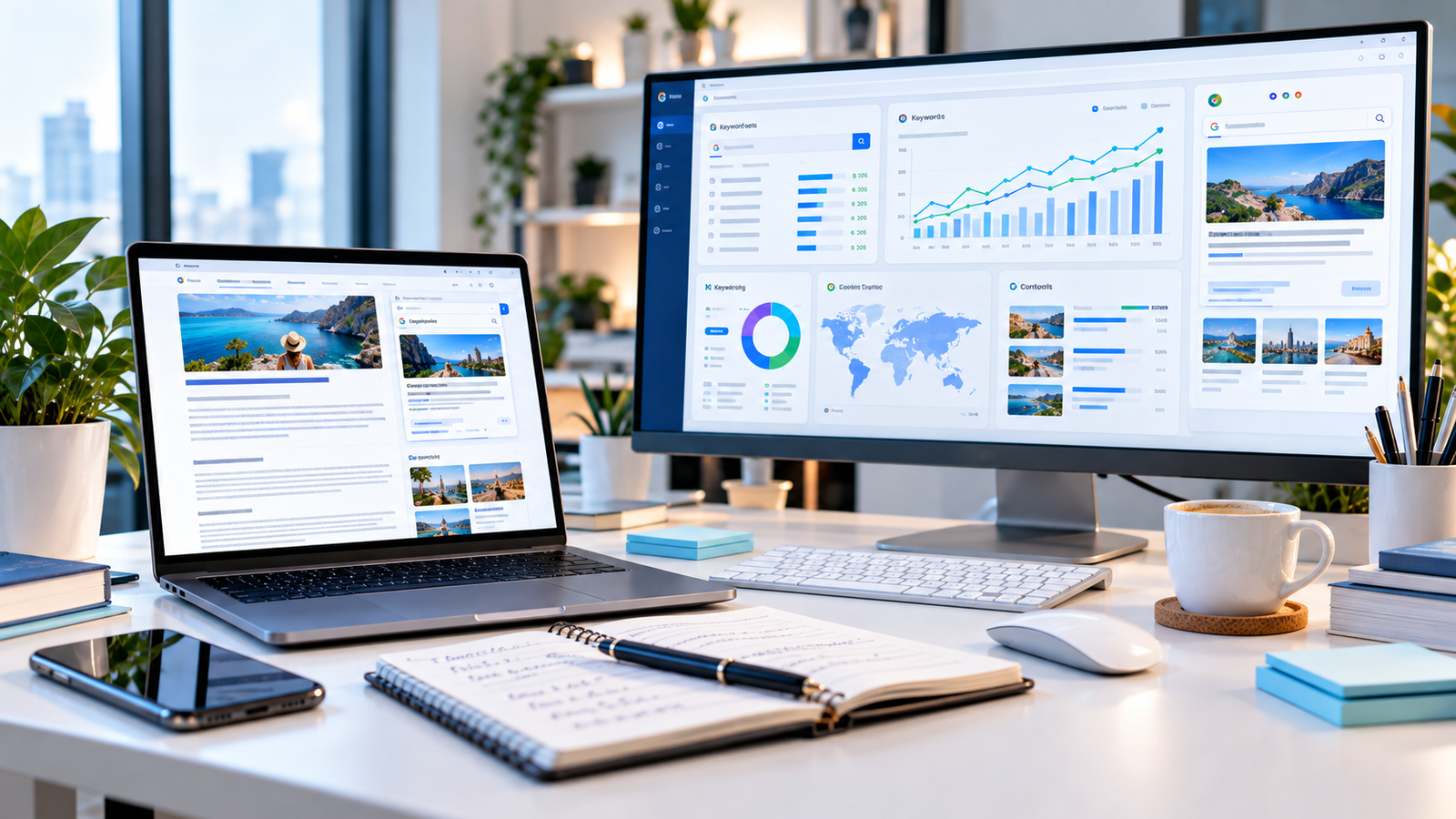 SEO optimization dashboard showing keyword research, featured snippets, and search visibility strategies.
