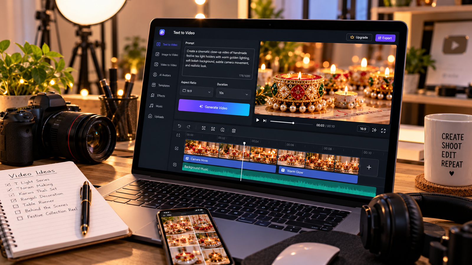"Professional digital creator workspace featuring a laptop displaying an AI text-to-video generator with cinematic video preview, editing timeline, and AI video creation tools."