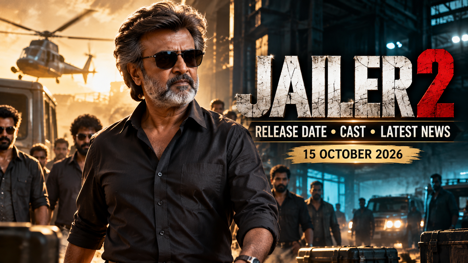 Jailer 2 cinematic promotional image featuring a Rajinikanth-inspired character as Tiger Muthuvel Pandian, with an action-packed background and the theatrical release date of 15 October 2026.