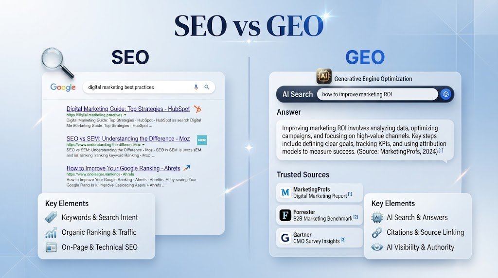 SEO vs GEO comparison for improving website visibility in AI search