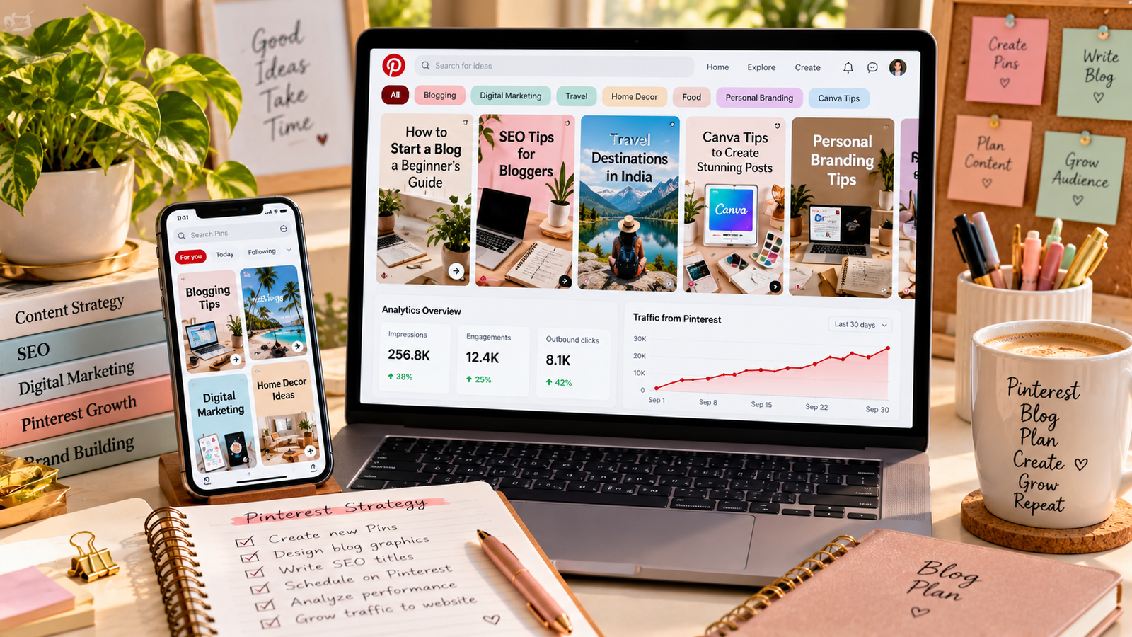 Professional digital marketing workspace featuring a laptop displaying Pinterest-style blog Pin designs, SEO tips, content marketing ideas, and website traffic analytics, alongside a smartphone, content planning notebook, and coffee cup on a bright cream desk.