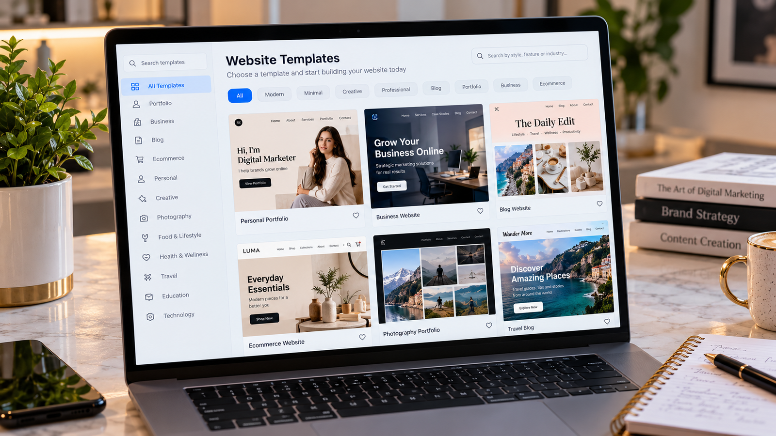 Realistic laptop displaying a collection of modern website templates, including personal portfolio, business, blog, e-commerce, photography, and travel website designs in a professional workspace.