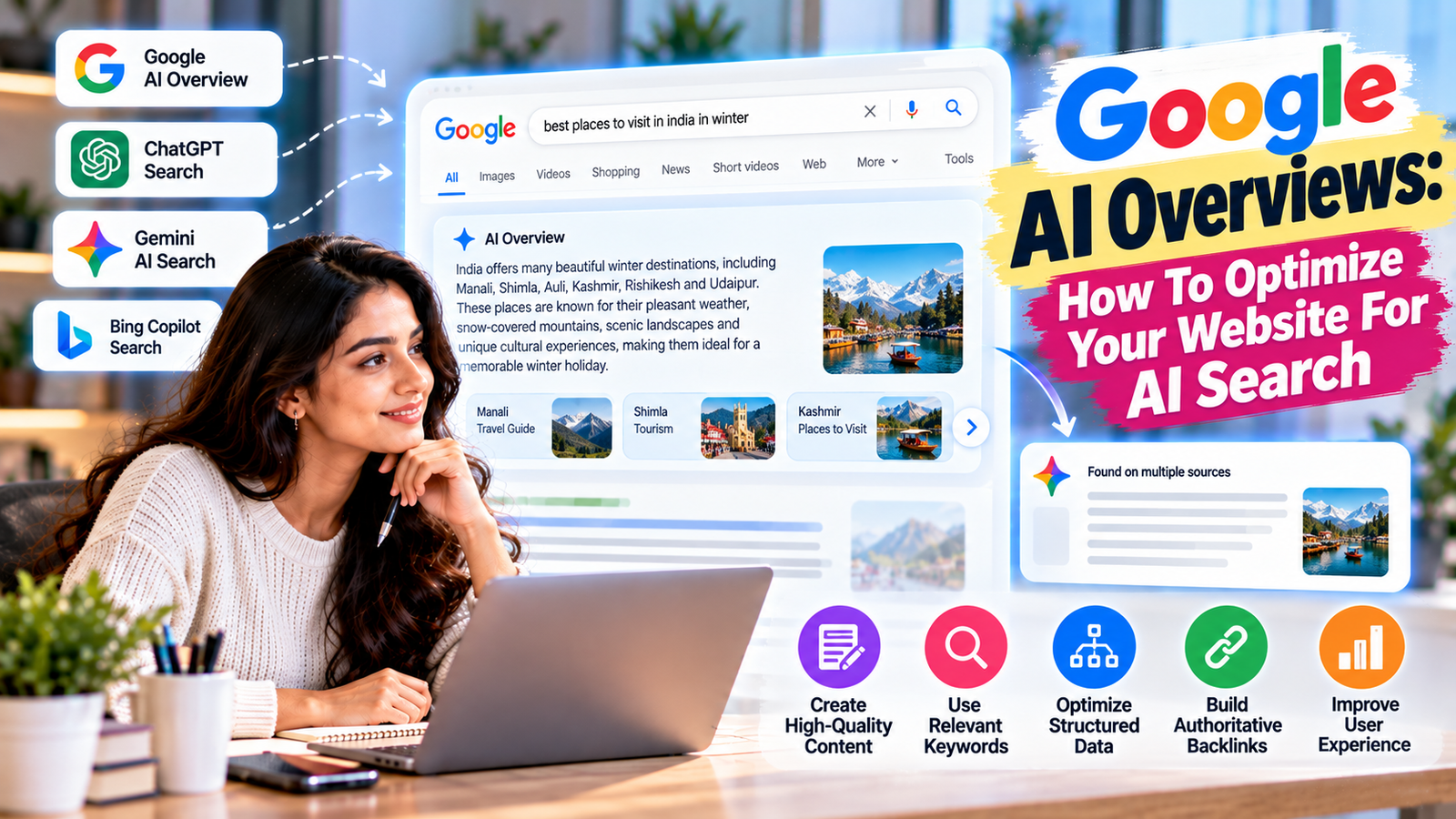 Google AI Overviews optimization showing a digital marketing professional improving website visibility in AI search through high-quality content, relevant keywords, structured data, authoritative backlinks, and better user experience.