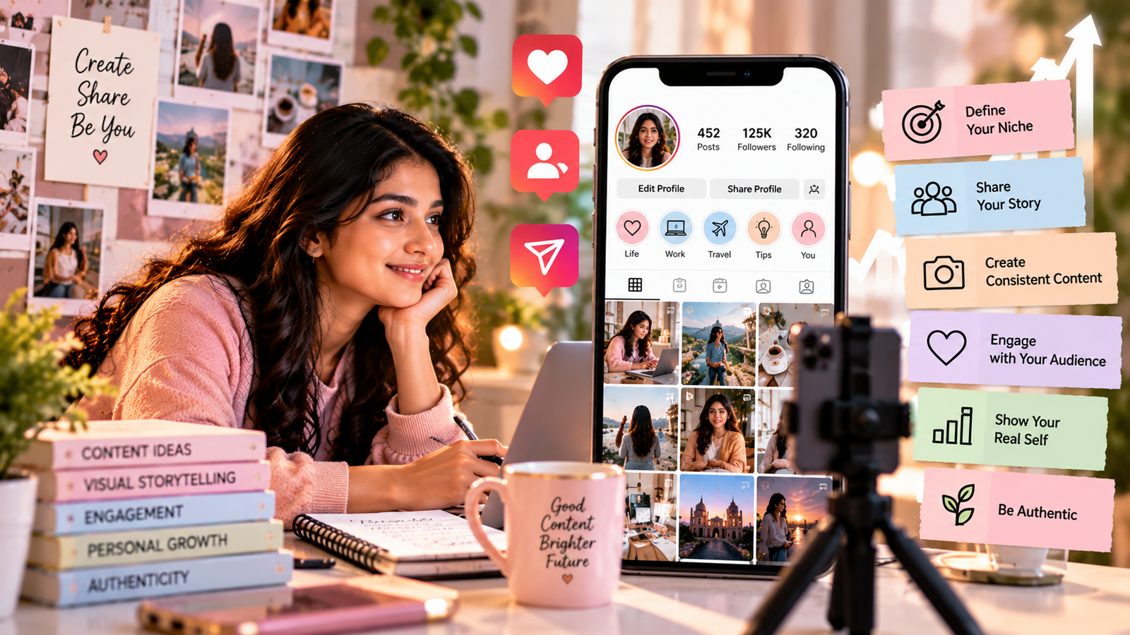 Female content creator building her personal brand on Instagram through authentic storytelling, consistent content creation, audience engagement, and a professional Instagram profile.