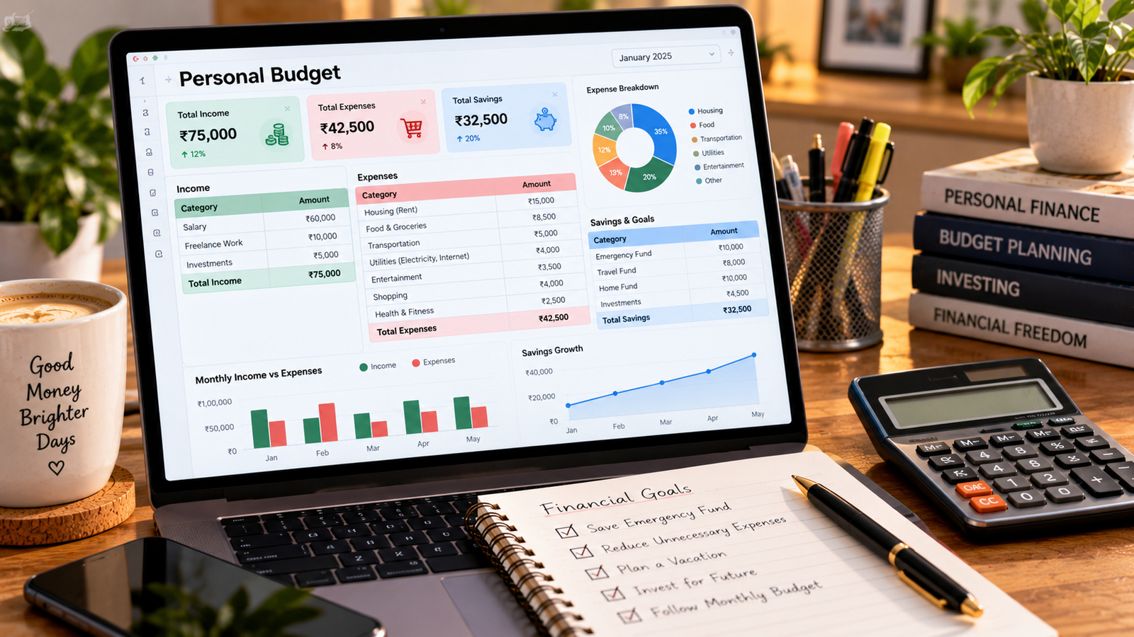 Laptop displaying a personal budget spreadsheet with monthly income, expenses, savings goals, and financial charts, alongside a calculator, notebook, and smartphone in a home budgeting workspace.