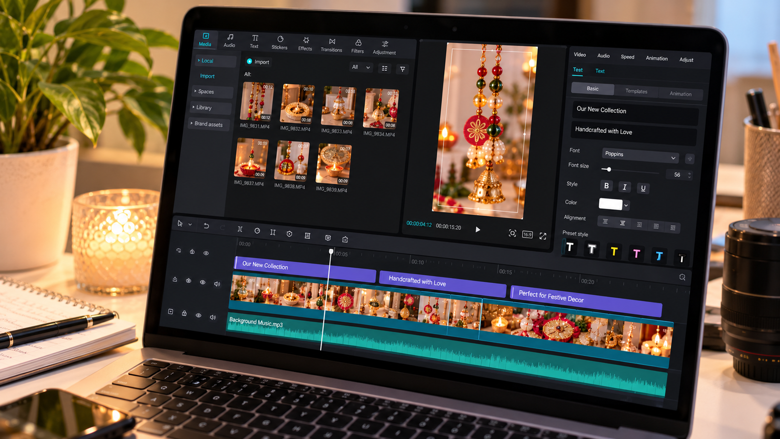 "Close-up of a laptop displaying a vertical video editing interface with video clips, caption tracks, text overlays, and an audio timeline for creating YouTube Shorts."