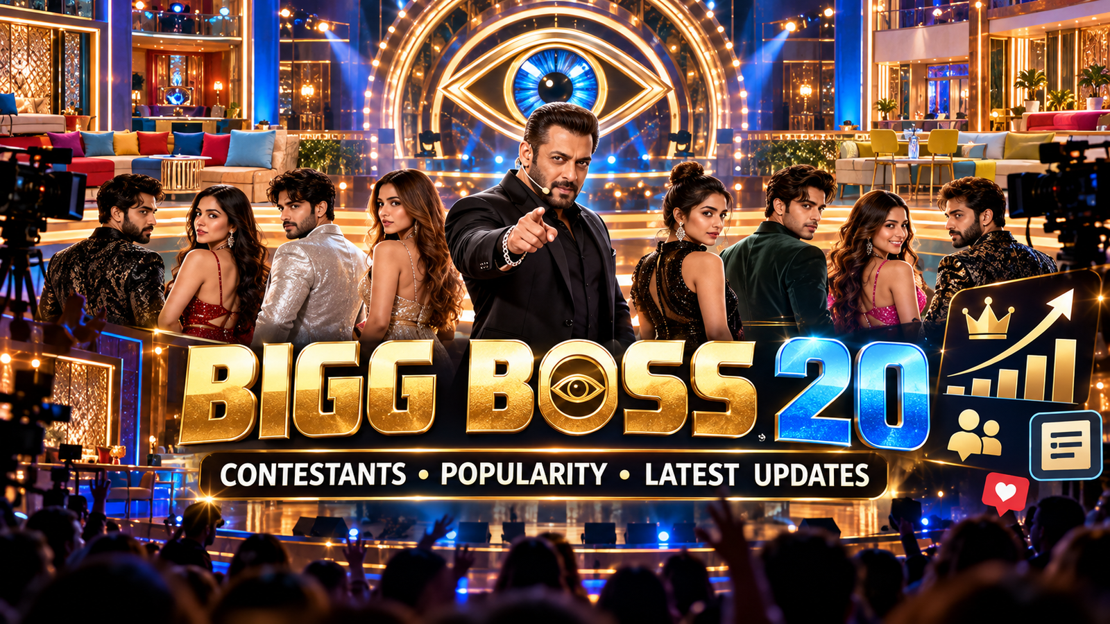 Bigg Boss 20 promotional-style featured image showing a Salman Khan-inspired host, fictional contestants, the iconic eye symbol, popularity graphics, and reality show updates.