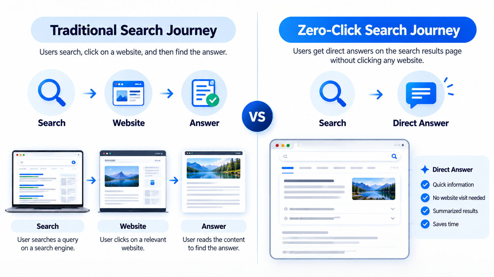 Traditional website search compared with zero-click search results.