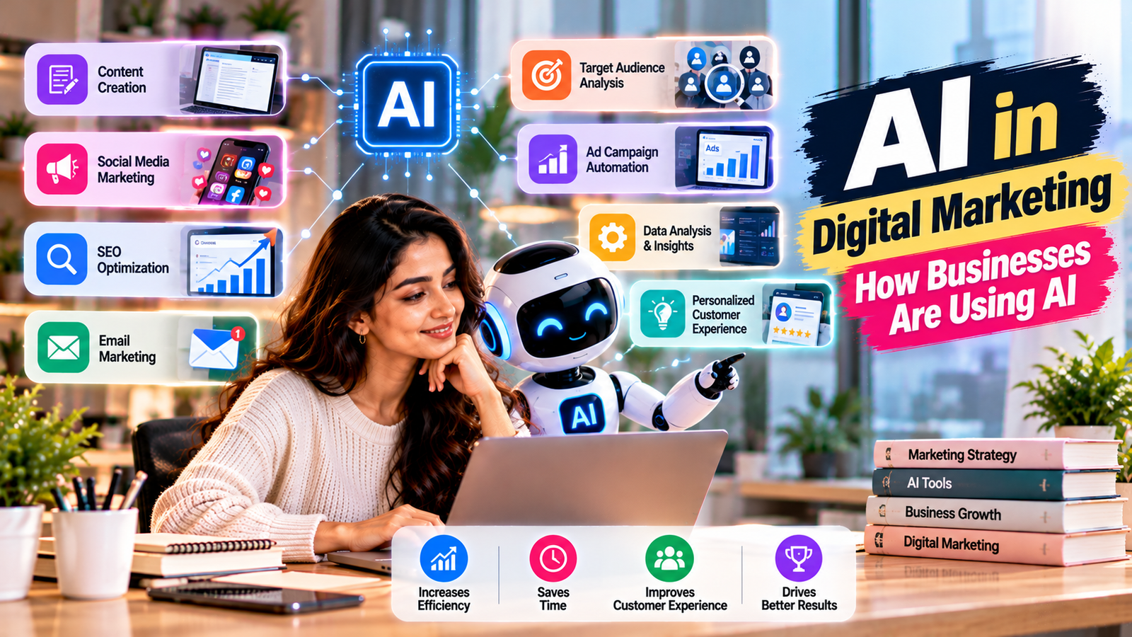 Digital marketing professional using artificial intelligence for content creation, social media marketing, SEO optimization, email campaigns, audience targeting, marketing automation, and data analysis to improve business growth.