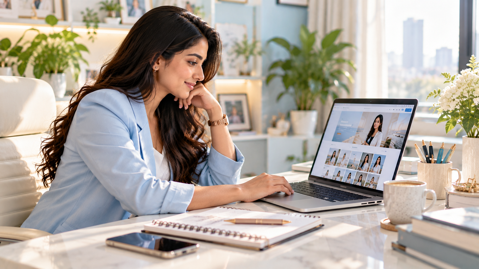 Generate a photorealistic 16:9 image of a confident young Indian digital marketing professional improving her online reputation and personal brand. Show her reviewing a polished personal portfolio website on a laptop, with a notebook, smartphone, and neatly organized workspace. Include a bright contemporary office with soft white and pastel blue colors, warm natural sunlight, and a positive professional atmosphere. High-end commercial photography, realistic textures, clean composition, no readable text, no watermark.