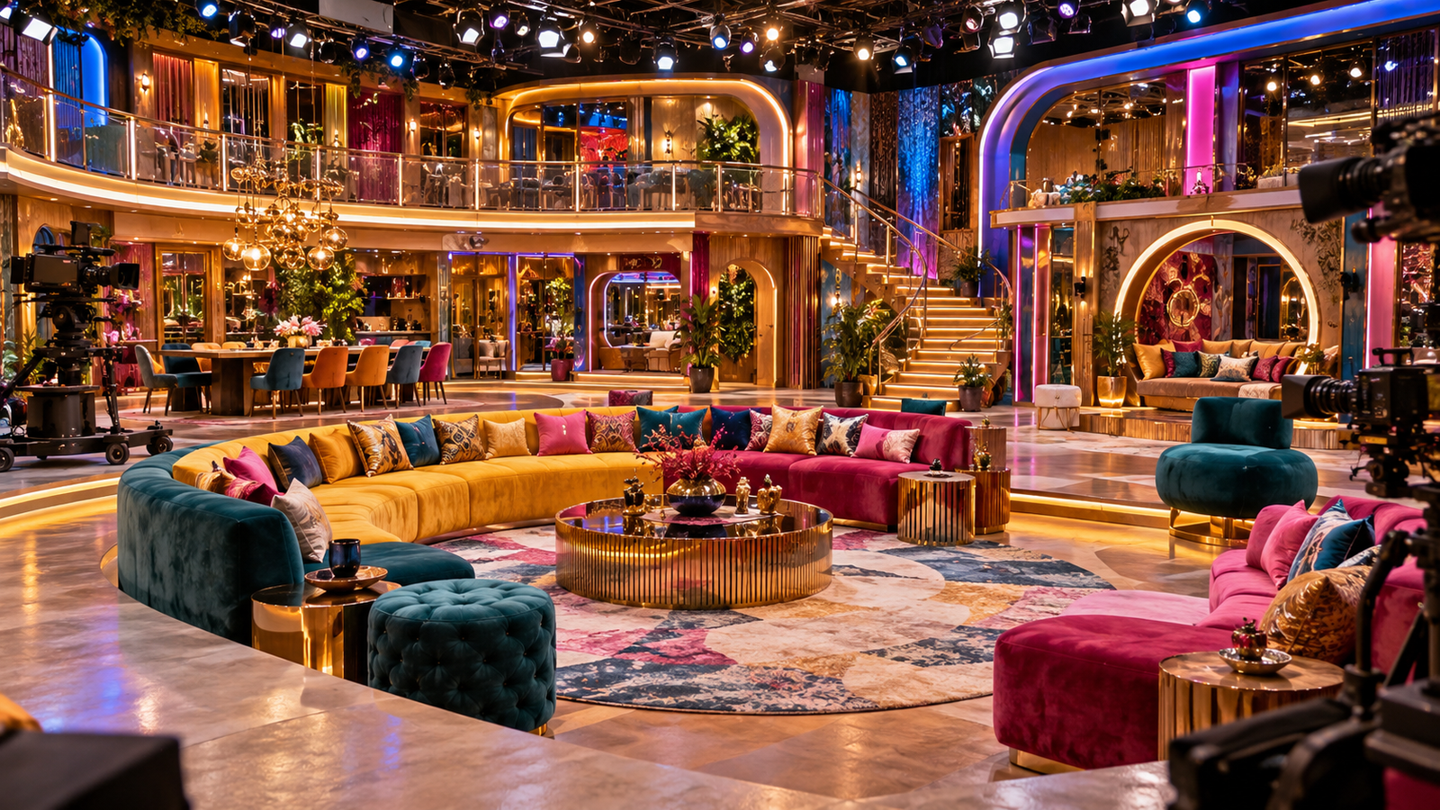 “Luxurious Bigg Boss-style reality show house interior featuring colourful furniture, dramatic neon lighting, stylish living areas and television production cameras.”