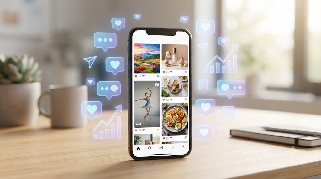 Smartphone showing Instagram-style content with social media engagement, Reels, likes, comments, shares, and analytics
