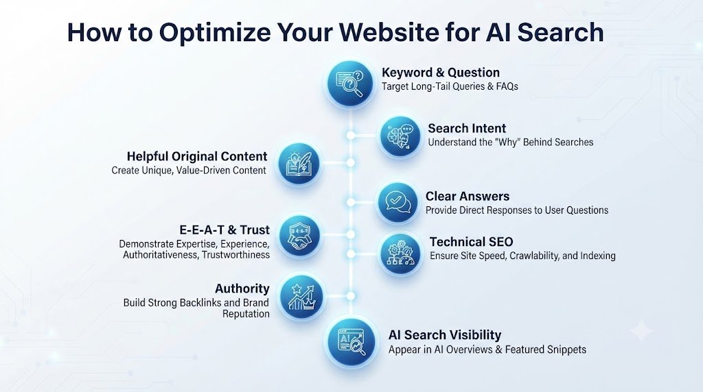 Flow chart showing steps to optimize a website for AI search, from keyword research and search intent to helpful content, E-E-A-T, technical SEO, and AI visibility.