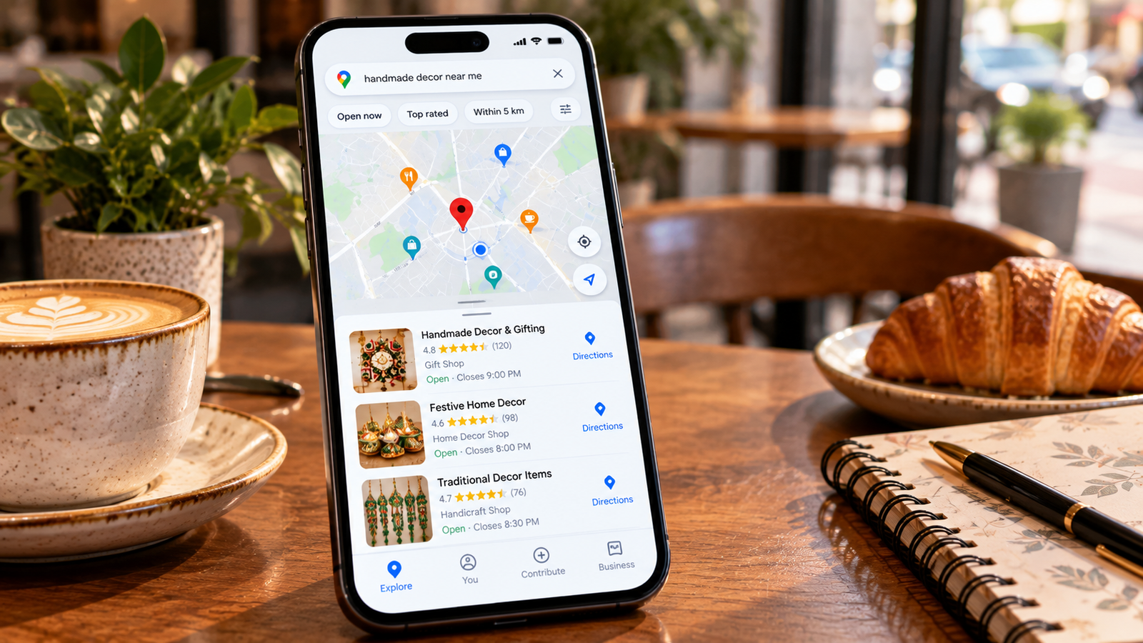 "Smartphone displaying a local search map with nearby handmade décor business listings, location pins, customer ratings, and navigation options on a café table."