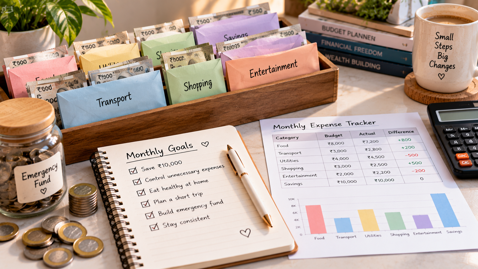 Organized savings envelopes with Indian rupee notes, emergency fund jar, coins, monthly financial goals notebook, and expense tracking chart showing household budgeting and money-saving strategies.