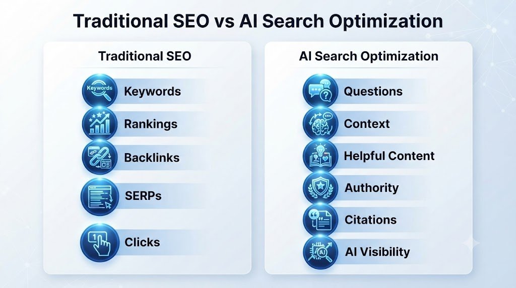 nfographic comparing traditional SEO and AI search optimization, including keywords, rankings, content, authority, citations, and AI visibility.