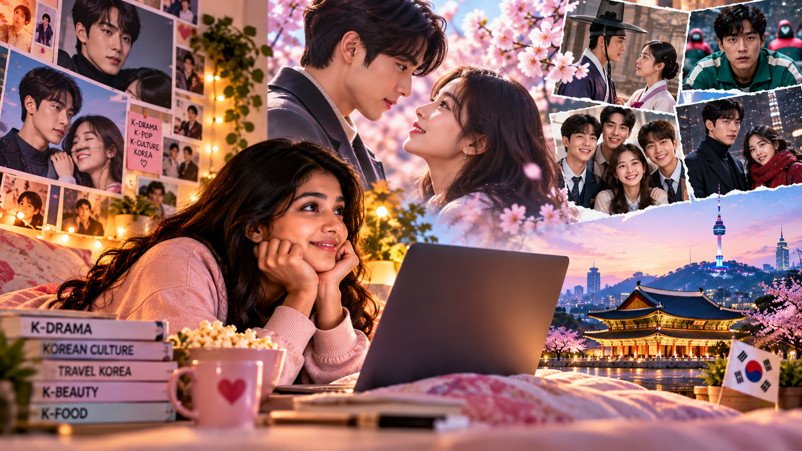 Young Indian woman watching Korean dramas on a laptop, surrounded by romantic K-drama scenes, Korean actors, cherry blossoms, and Seoul landmarks, highlighting the growing popularity of Korean dramas.