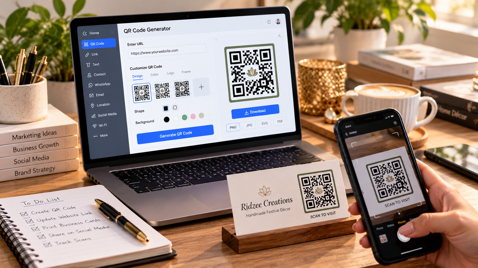 "Modern business workspace featuring a laptop displaying an online QR code generator and a smartphone scanning a QR code printed on a small business card."