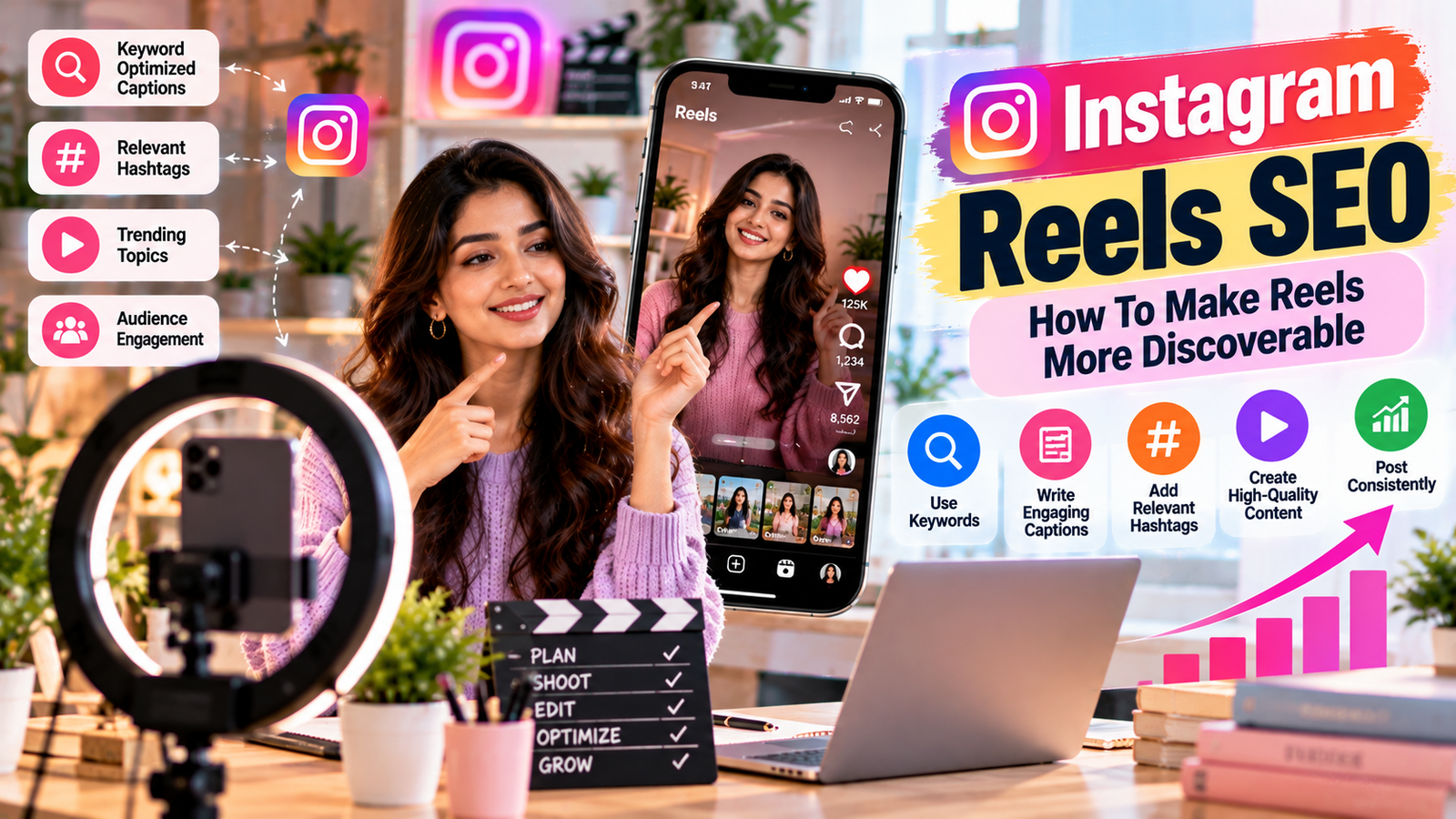 Instagram Reels SEO strategies showing a content creator optimizing Reels with relevant keywords, engaging captions, targeted hashtags, quality videos, and consistent posting to improve discoverability and audience engagement.