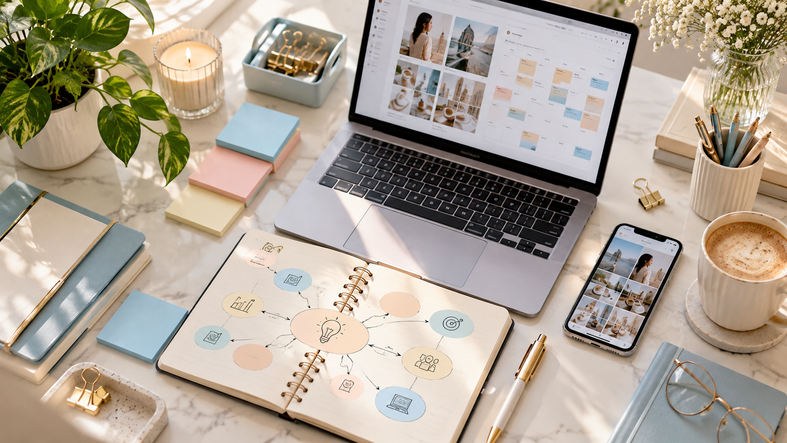 Personal branding strategy workspace showing content planning, niche selection, and online brand development.