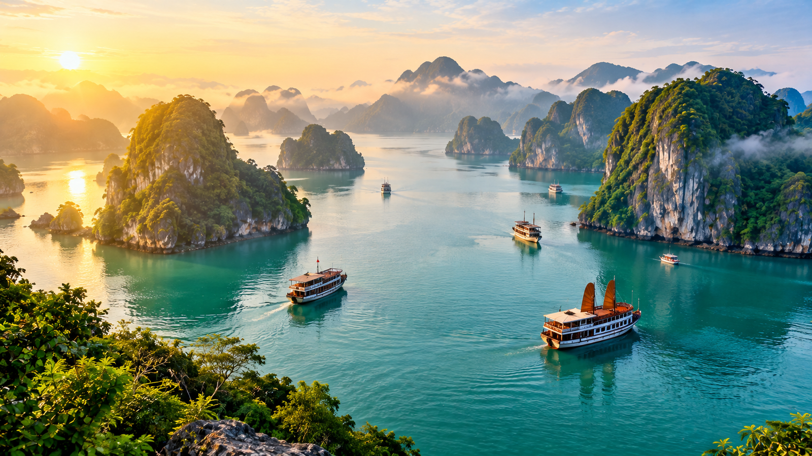 Limestone islands and traditional boats floating on the emerald waters of Ha Long Bay, Vietnam.