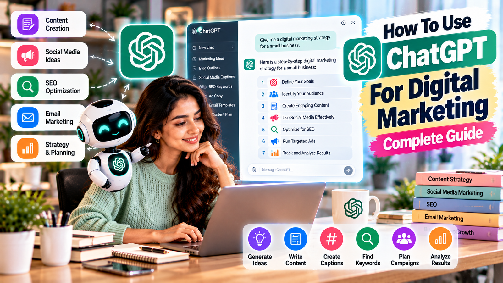 Digital marketing professional using ChatGPT for content creation, SEO optimization, social media marketing, email campaigns, keyword research, marketing strategy, and performance analysis.