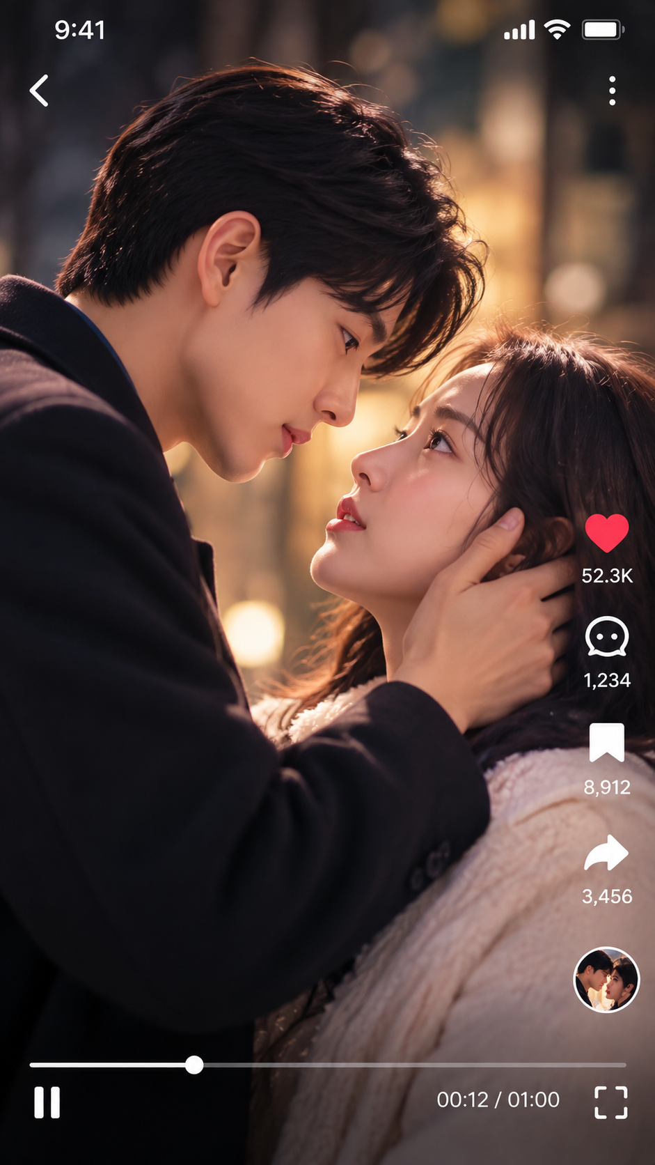Vertical smartphone screen displaying a romantic Korean micro-drama featuring a couple sharing an emotional moment, highlighting short-form drama entertainment on mobile devices.