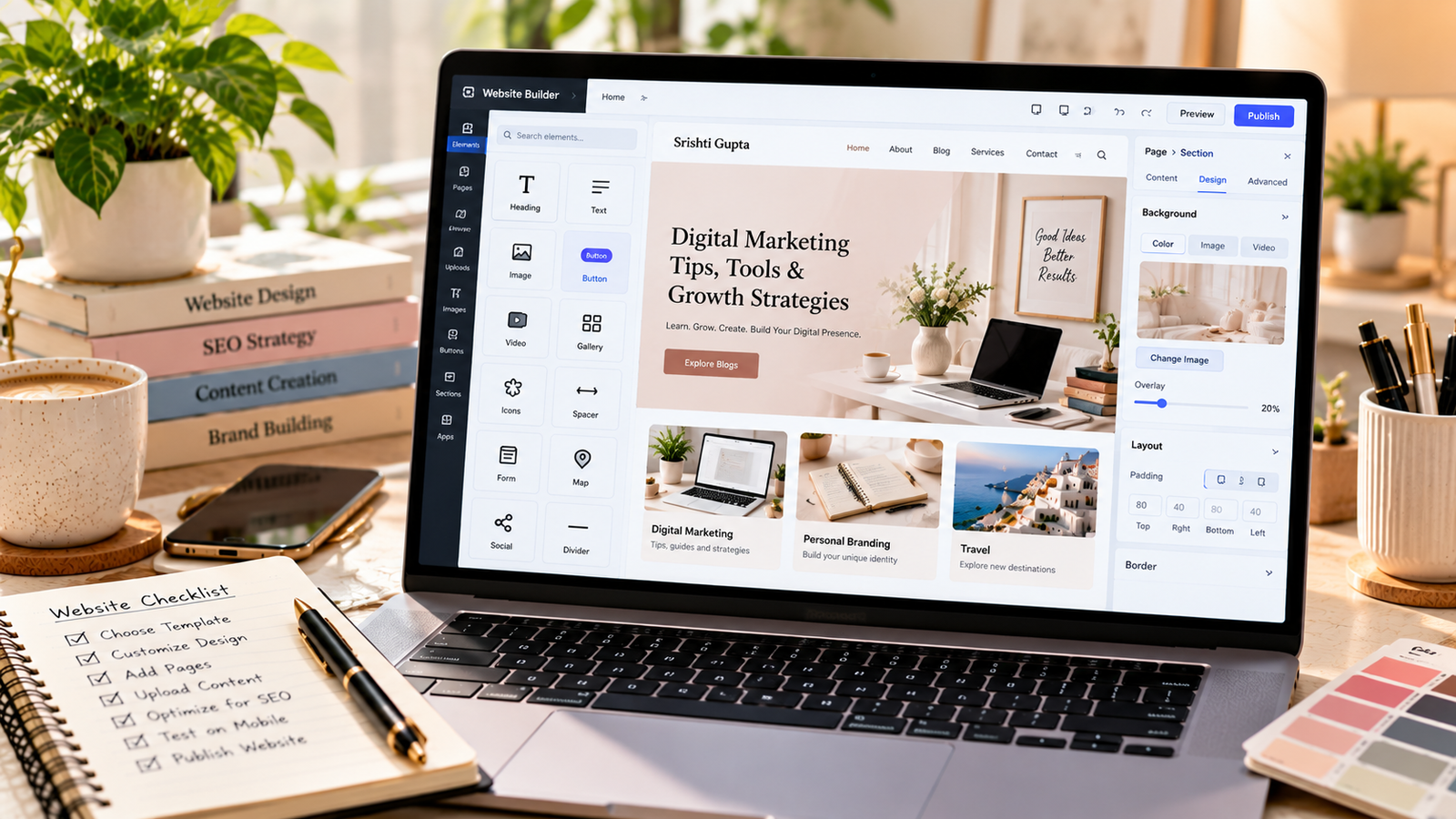 Laptop displaying a drag-and-drop website builder with a modern homepage template, customizable design elements, layout settings, and website editing tools in a professional digital marketing workspace.