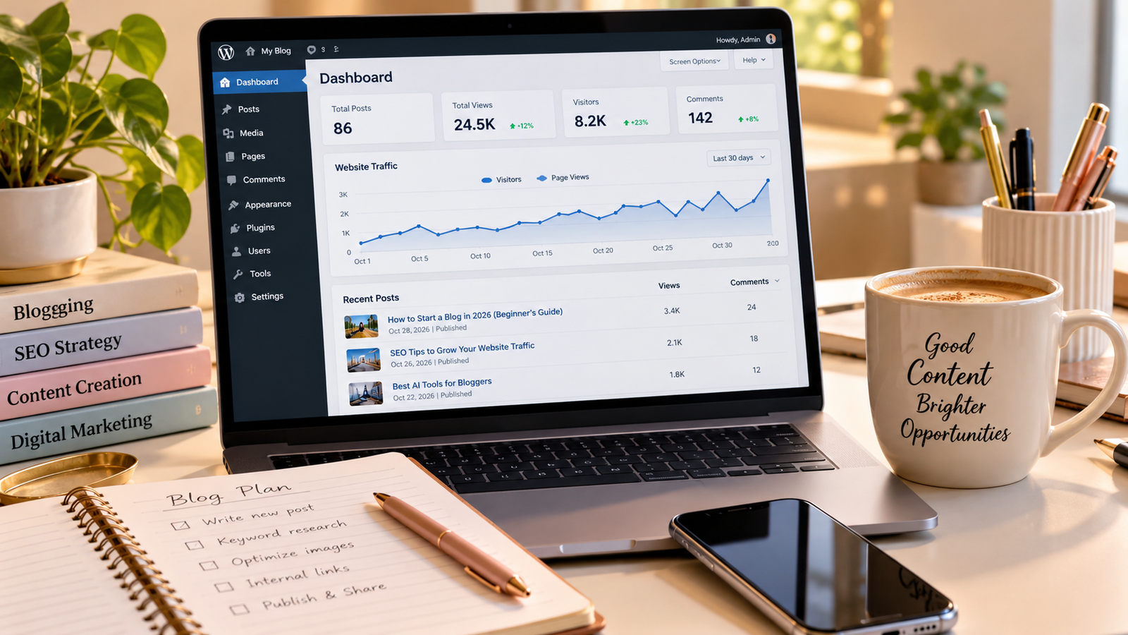 Professional blogging workspace featuring a laptop displaying a WordPress dashboard with published blog posts, website traffic analytics, SEO performance graphs, a content planning notebook, and a coffee cup.
