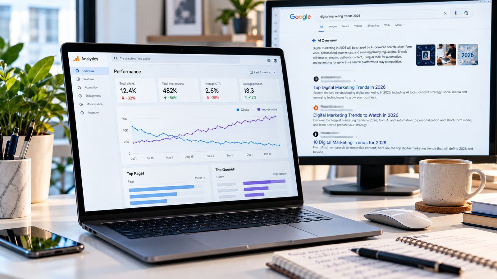 Website analytics showing how zero-click searches affect organic traffic and search impressions.