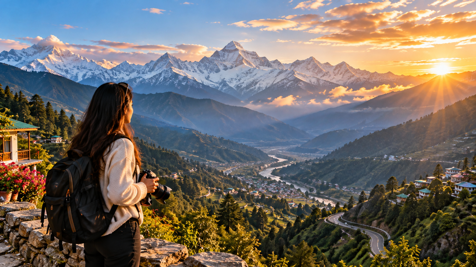 Set-jetting in India featuring a traveller exploring a cinematic Himalayan mountain destination.