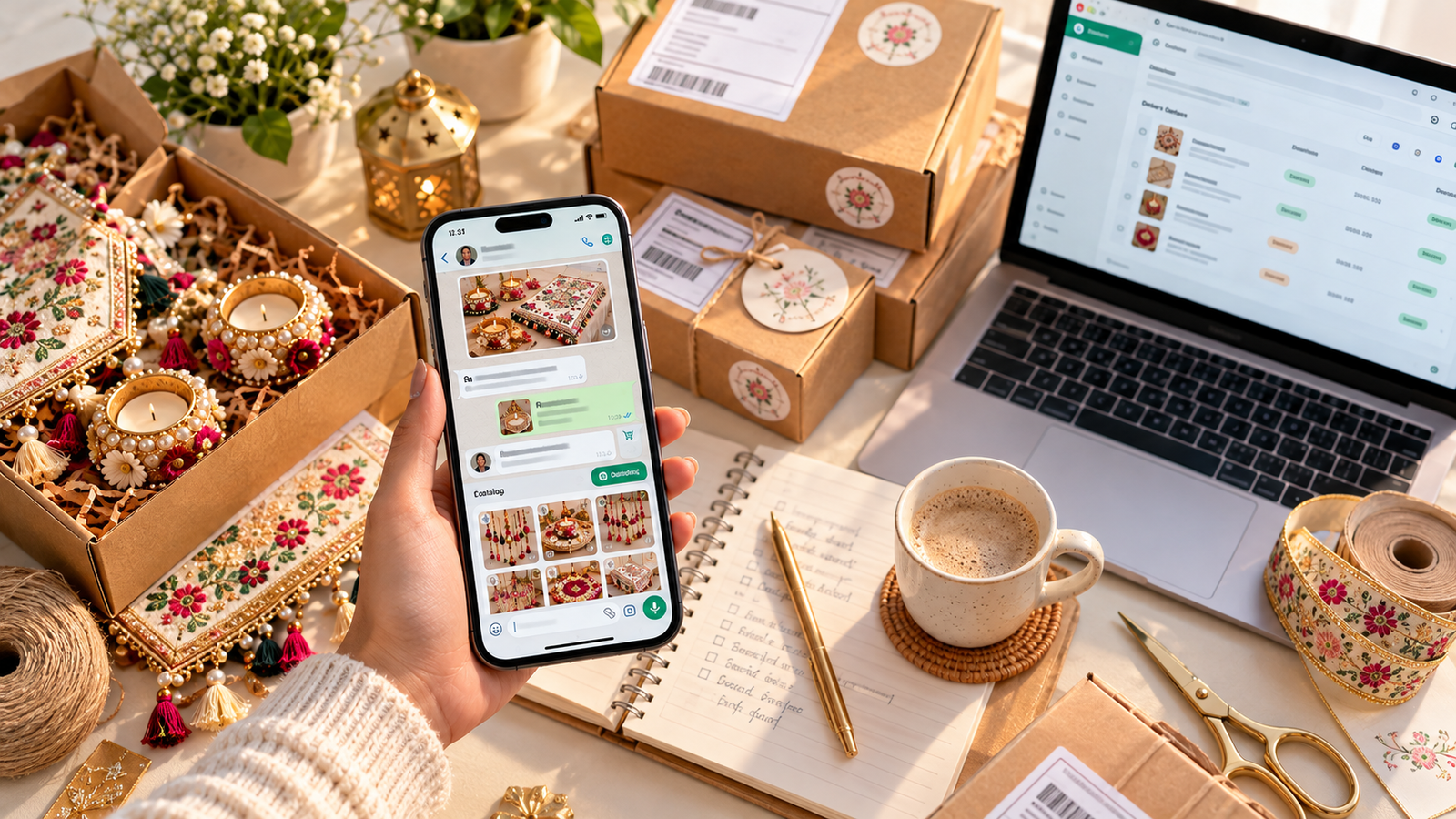 WhatsApp Business customer conversation showing product inquiries, catalogue browsing, and order management.