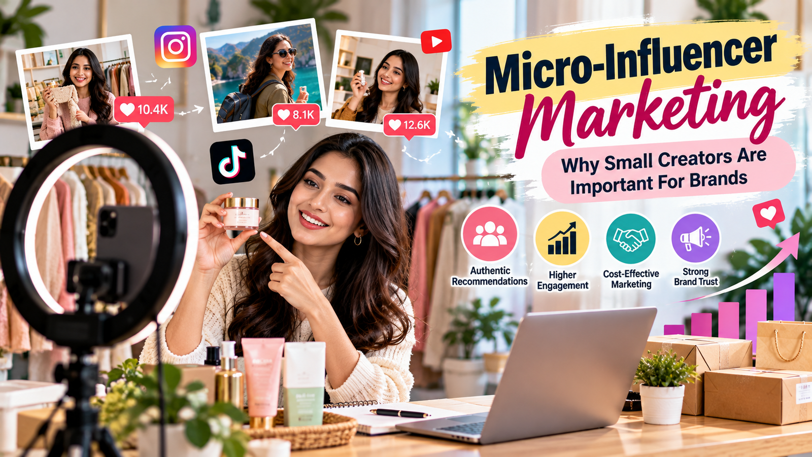 Female micro-influencer creating authentic product review content for social media, highlighting how small creators help brands increase customer engagement, build trust, reach targeted audiences, and grow through cost-effective influencer marketing.