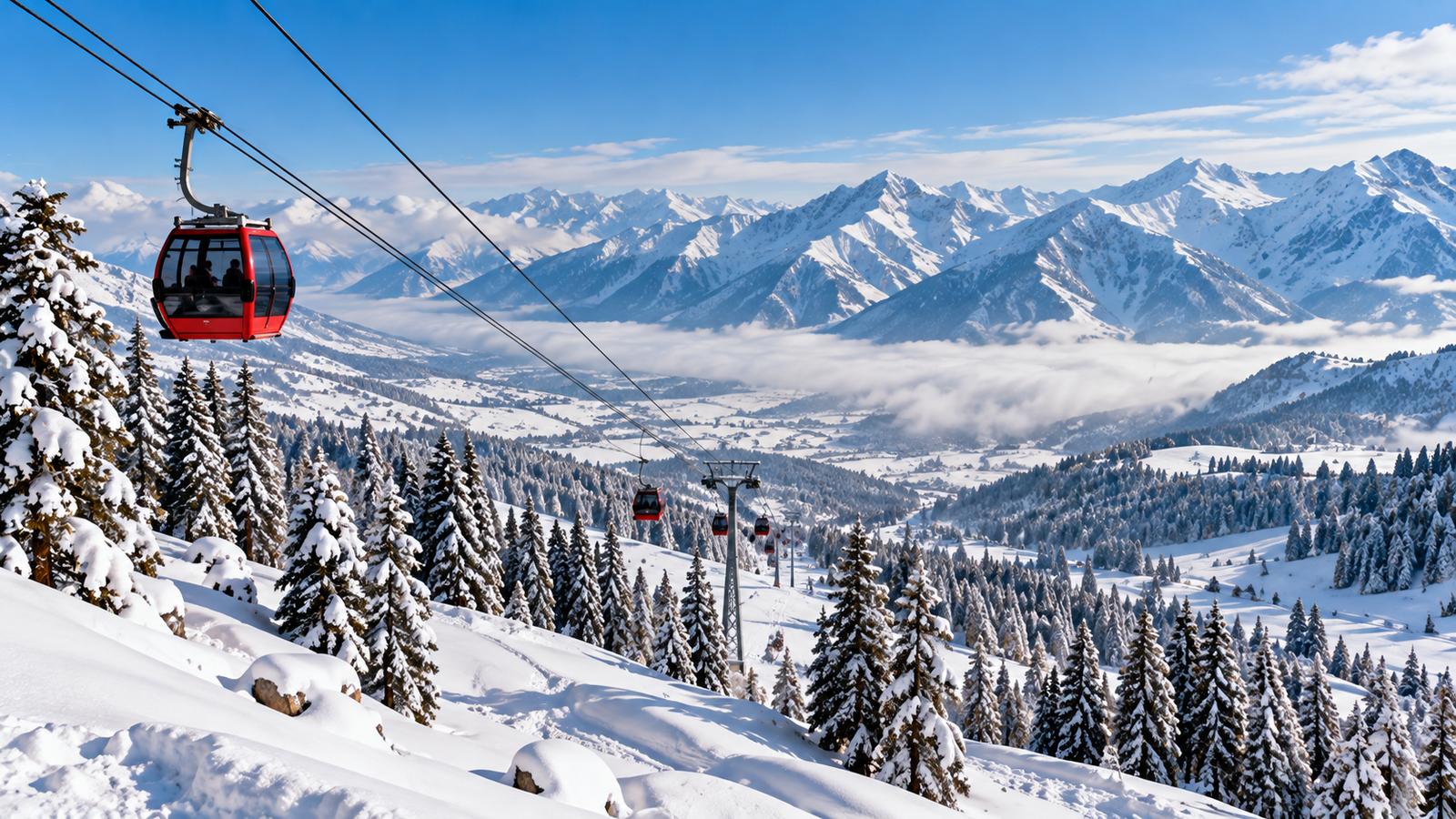 Beautiful snowy landscape of Gulmarg in Kashmir with Himalayan mountains and winter ski slopes.