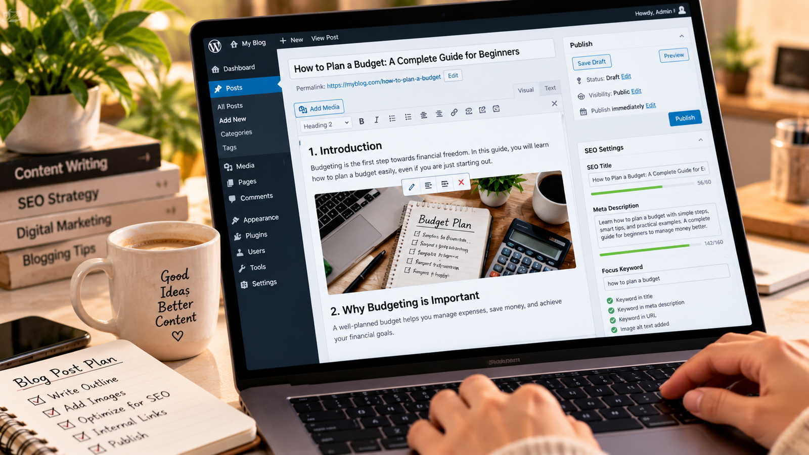 Laptop displaying a WordPress blog editor with article headings, featured image placement, SEO title, meta description, focus keywords, and publishing settings in a professional content writing workspace.