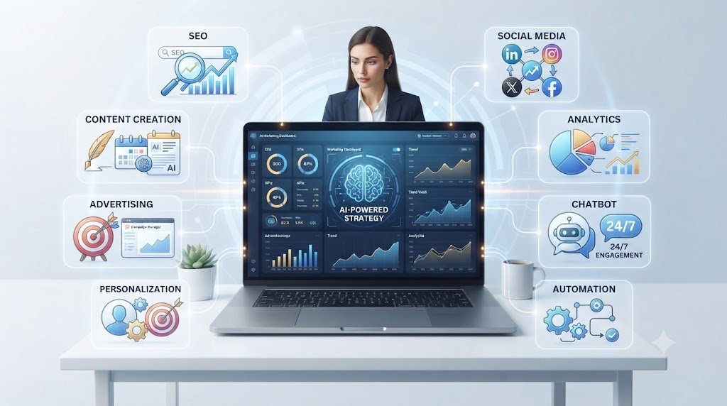 AI in digital marketing showing how businesses use artificial intelligence