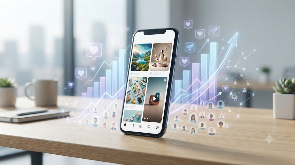 Instagram growth concept with smartphone content, audience engagement, social media interactions, and rising analytics